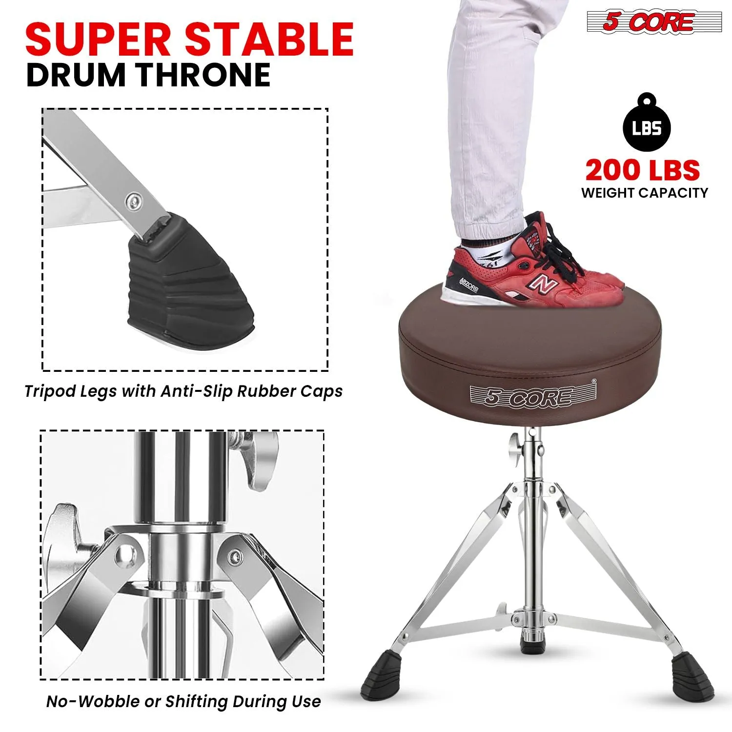 5 CORE Drum Throne Padded Guitar Stool Height Adjustable Music Chair Seat Universal for Adults & Kids with Anti Slip Rubber Feet DS CH BR