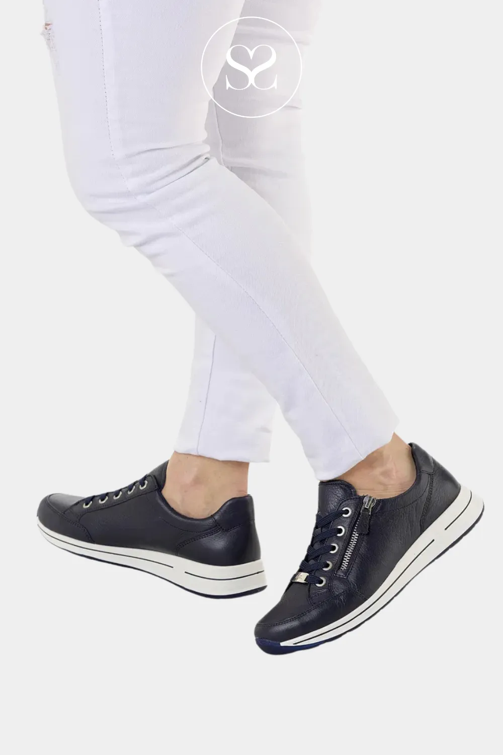 ARA 12-24801 NAVY LEATHER WEDGE TRAINERS