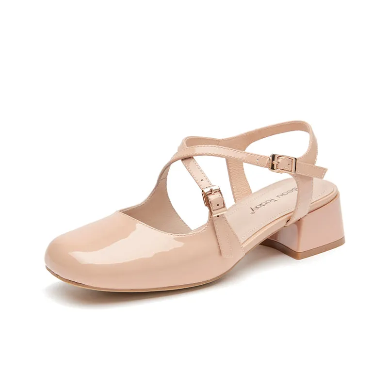 BeauToday Women's Patent Leather Cross-Tied Buckle Strap Mary Janes Pumps with Block Heeled