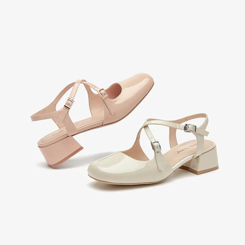 BeauToday Women's Patent Leather Cross-Tied Buckle Strap Mary Janes Pumps with Block Heeled