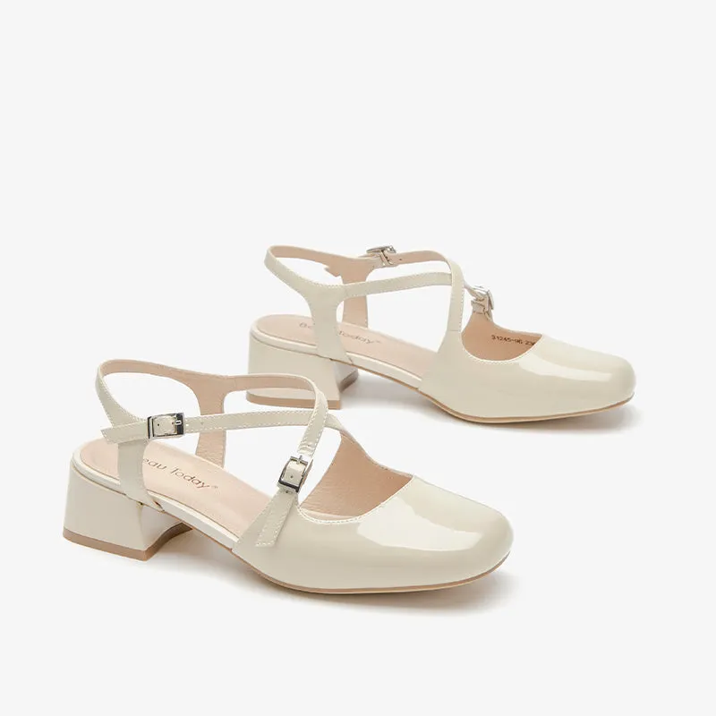 BeauToday Women's Patent Leather Cross-Tied Buckle Strap Mary Janes Pumps with Block Heeled
