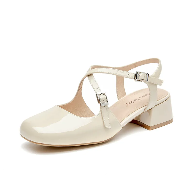 BeauToday Women's Patent Leather Cross-Tied Buckle Strap Mary Janes Pumps with Block Heeled