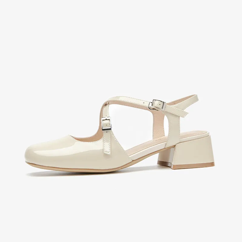 BeauToday Women's Patent Leather Cross-Tied Buckle Strap Mary Janes Pumps with Block Heeled