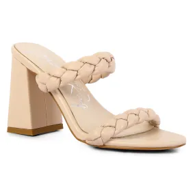Beige Braided Strap High Block Heels