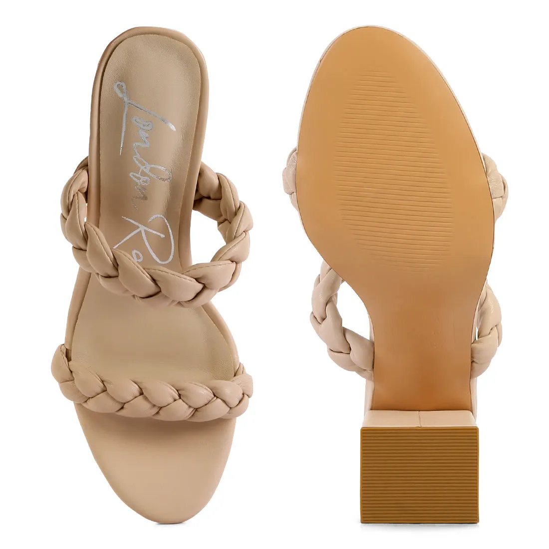 Beige Braided Strap High Block Heels