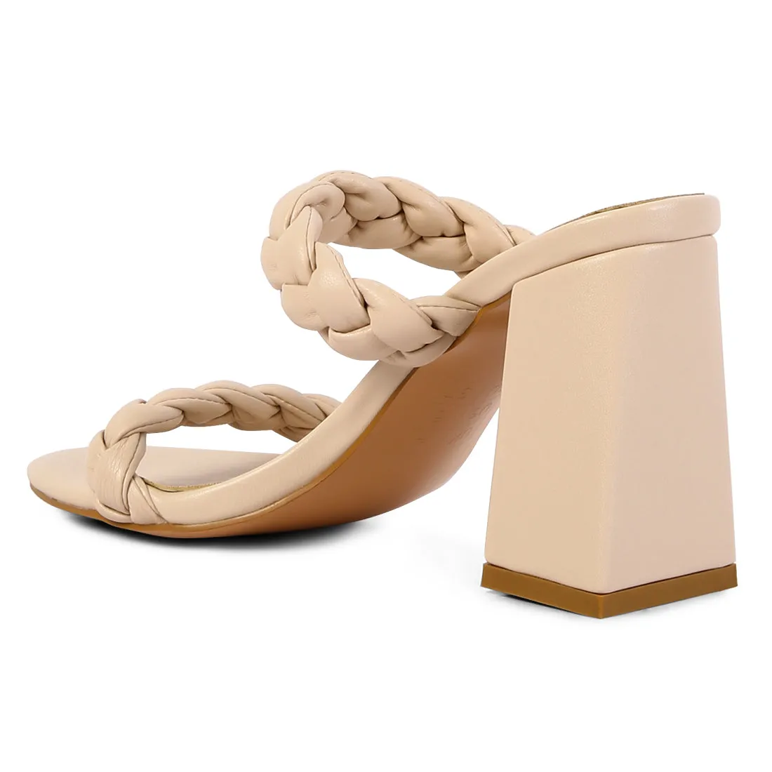 Beige Braided Strap High Block Heels