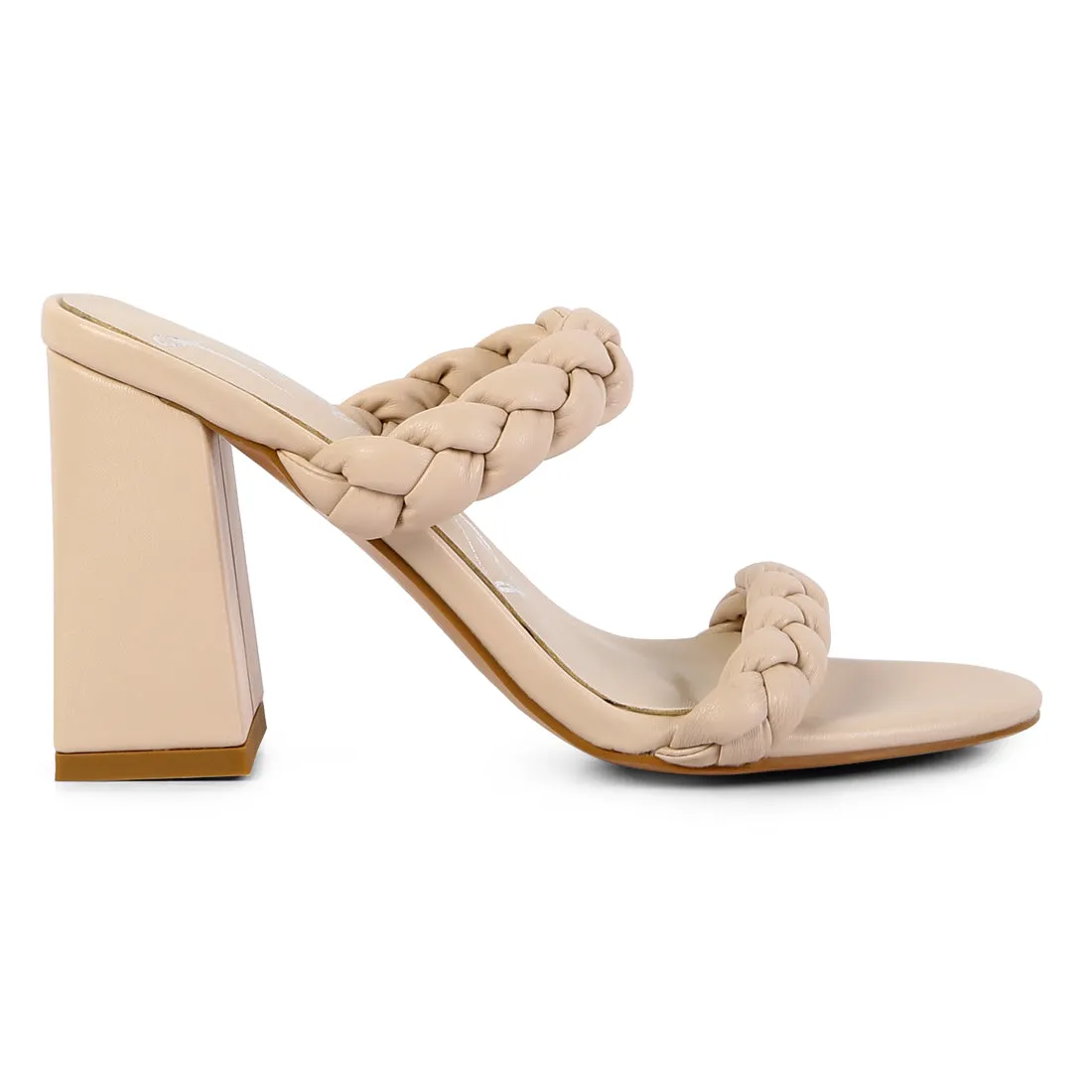 Beige Braided Strap High Block Heels