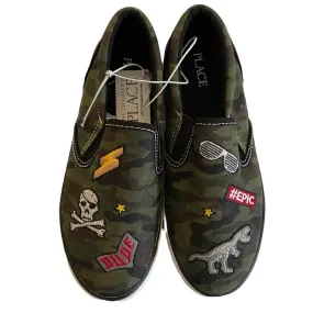 Boy Slip On Sneakers, Olive And Black Camouflage with Patches