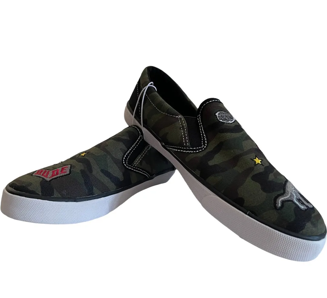 Boy Slip On Sneakers, Olive And Black Camouflage with Patches