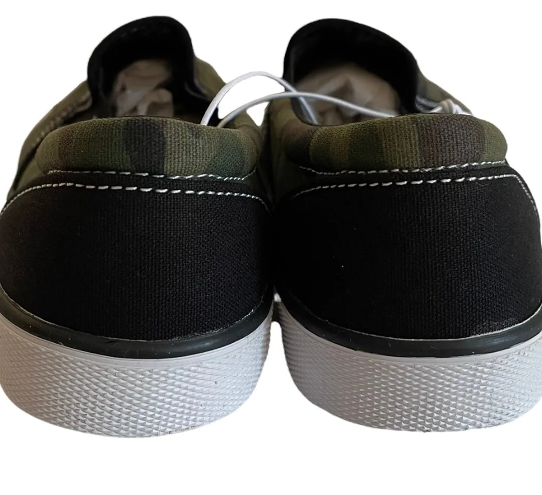 Boy Slip On Sneakers, Olive And Black Camouflage with Patches