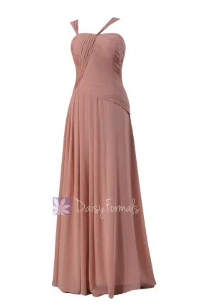 Chic Long Dusty Rose Asymmetric Chiffon Bridesmaid Dress Formal Dress Party Dress (BM124)