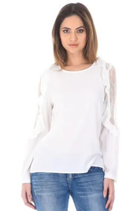 Cream Lace Arm Top With Stepped Hem And Frill Detail