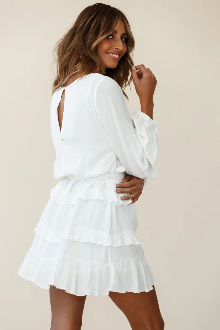 Dusk Long Sleeve Waist Tie Frill Dress White