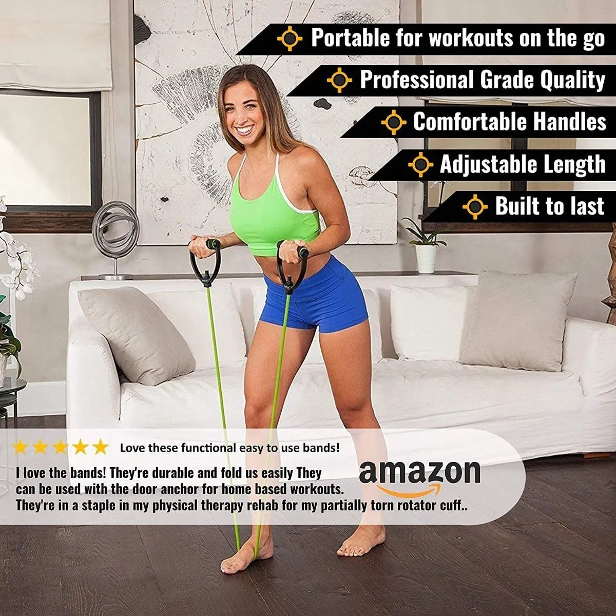 DYNAPRO Exercise Resistance Bands, Adjustable Length Comfort Handles Professional Quality Anti-Snap Great for Workouts Physical Therapy Yoga
