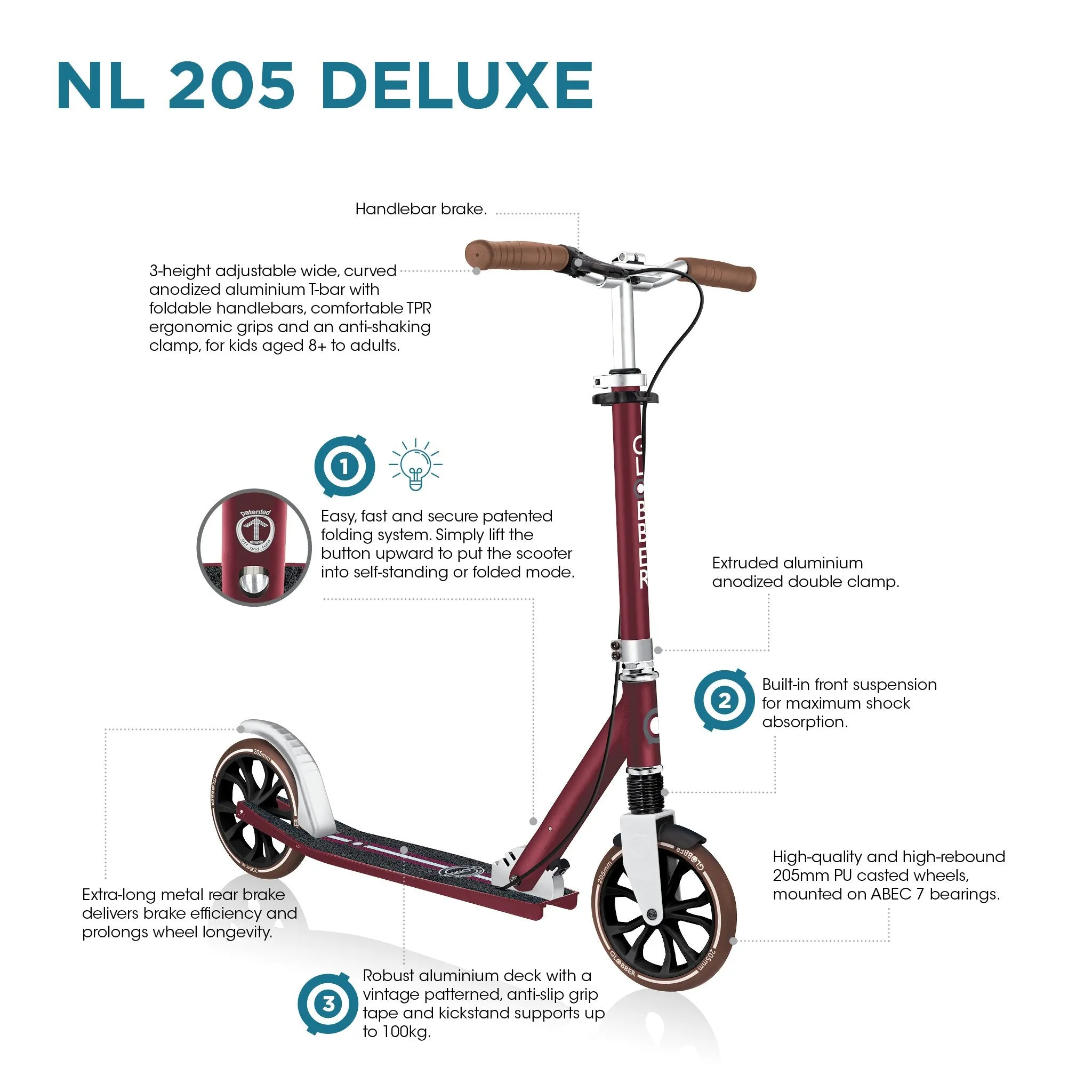 Globber NL 205 Deluxe Foldable Scooter - Vintage Blue (8Y )