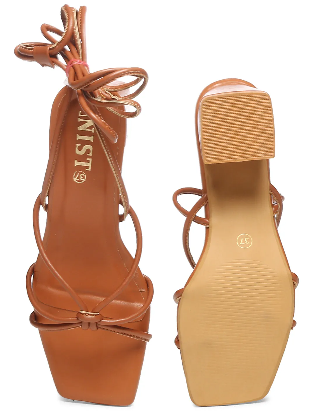GNIST Tan Strappy Tie up  Block Heel Sandal