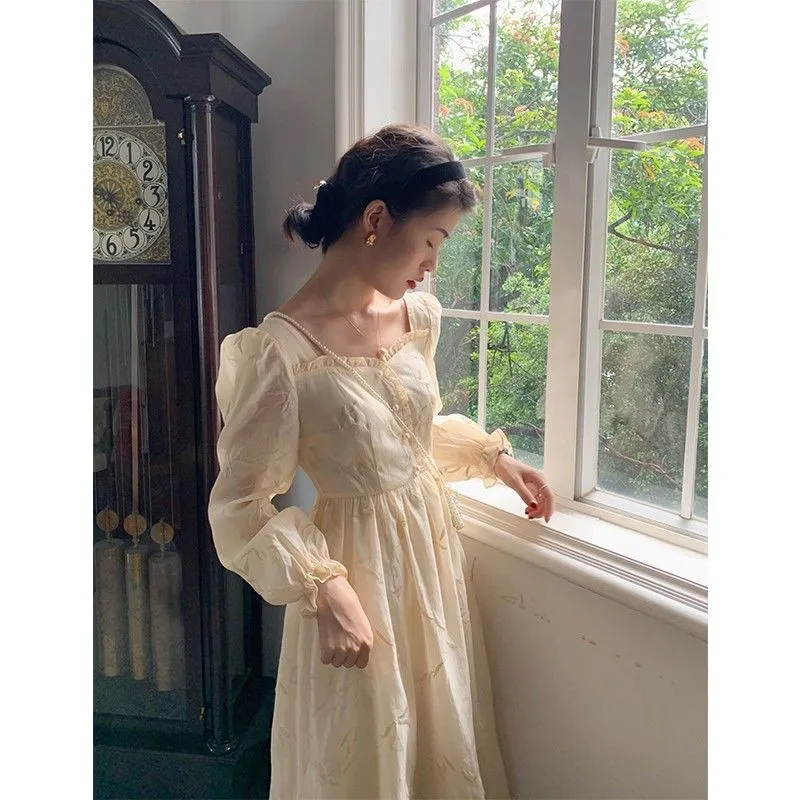Joskaa Back to College Midi Dress Women French Elegant Vintage Square Collar Long Puff Sleeve Party Chic Retro Dress Korean 2020 Autumn Clothing