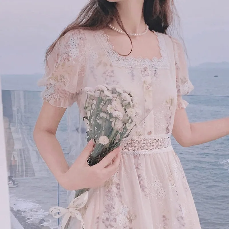 Joskaa Back to College One Piece Dress Korean Lady Elegant Vintage Dress Women Casual Floral Design Sexy Midi Dresses Evening Lace-Up 2024 Summer Chic