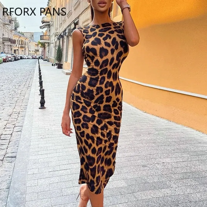 Joskaa Back to College Women Chic Skinny Leopard Tank Bodycon Dress Midi Party Sexy Dress