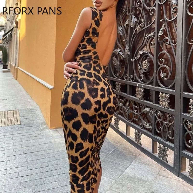 Joskaa Back to College Women Chic Skinny Leopard Tank Bodycon Dress Midi Party Sexy Dress
