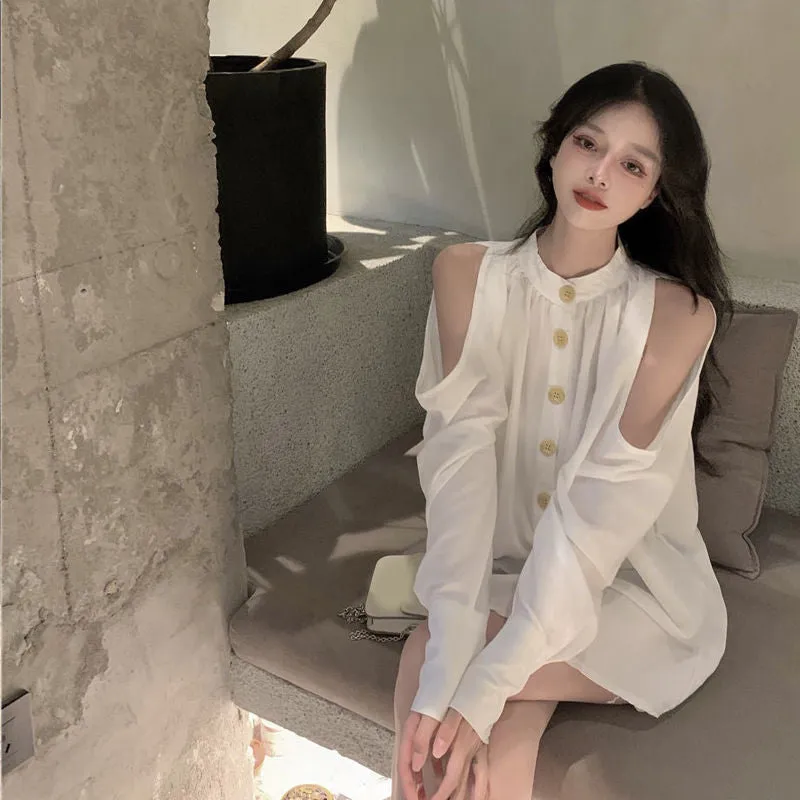 Joskaa Deeptown Elegant White Women Blouses Casual Sexy Vintage Chic Off Shoulder Long Sleeve Shirt Dress Summer Female Fashion Loose