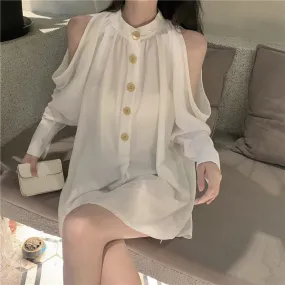 Joskaa Deeptown Elegant White Women Blouses Casual Sexy Vintage Chic Off Shoulder Long Sleeve Shirt Dress Summer Female Fashion Loose