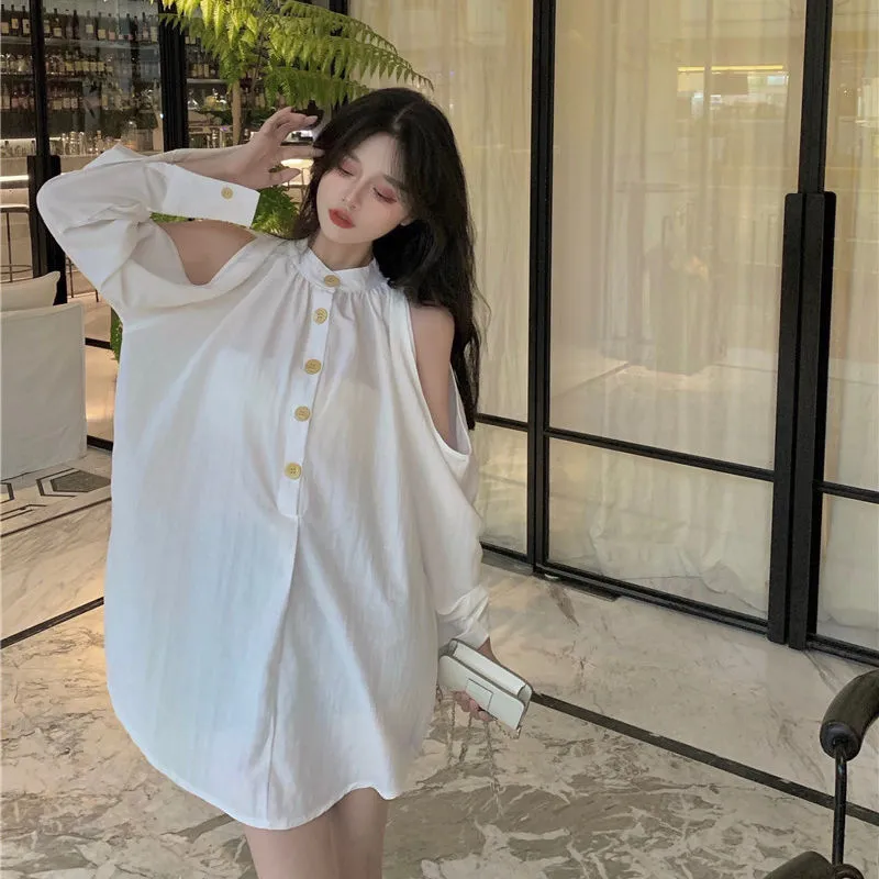 Joskaa Deeptown Elegant White Women Blouses Casual Sexy Vintage Chic Off Shoulder Long Sleeve Shirt Dress Summer Female Fashion Loose