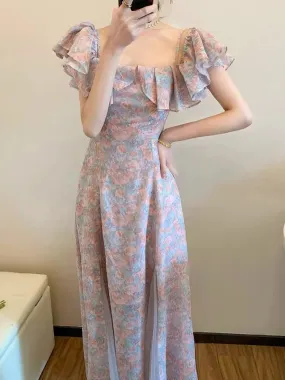 JOSKAA  Floral Dress Women Off Shoulder Vintage French Elegant Sexy Spliced Lady Summer Gentle Slim Temper Sweet Designer