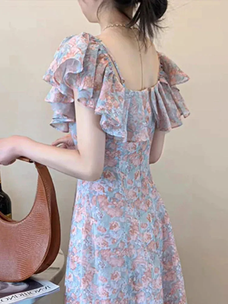 JOSKAA  Floral Dress Women Off Shoulder Vintage French Elegant Sexy Spliced Lady Summer Gentle Slim Temper Sweet Designer