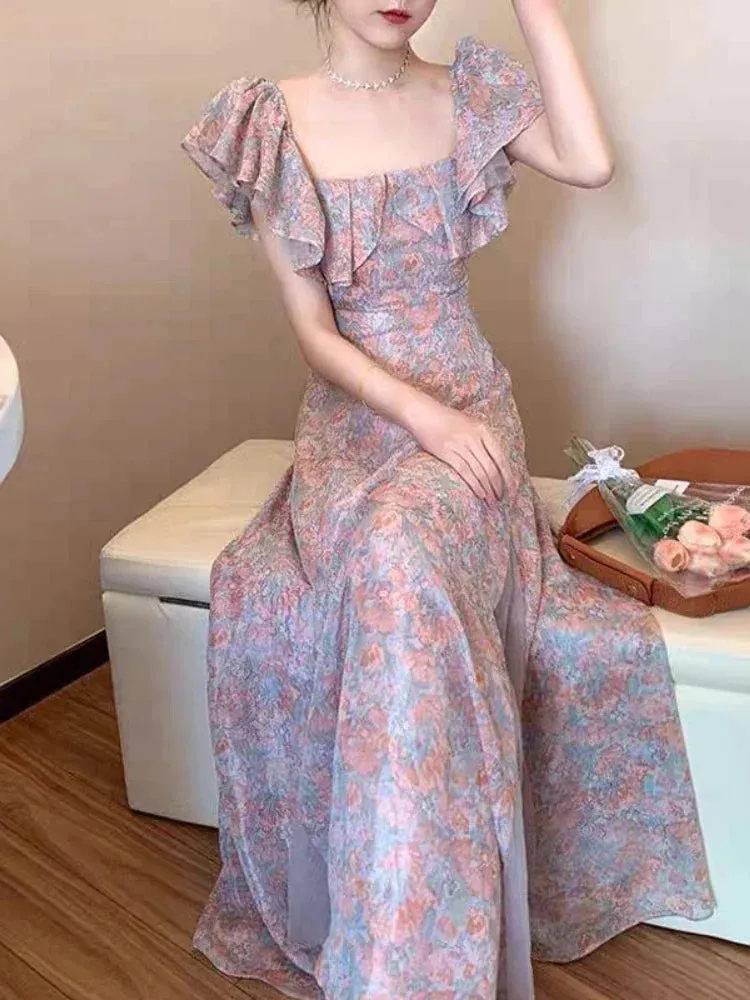 JOSKAA  Floral Dress Women Off Shoulder Vintage French Elegant Sexy Spliced Lady Summer Gentle Slim Temper Sweet Designer