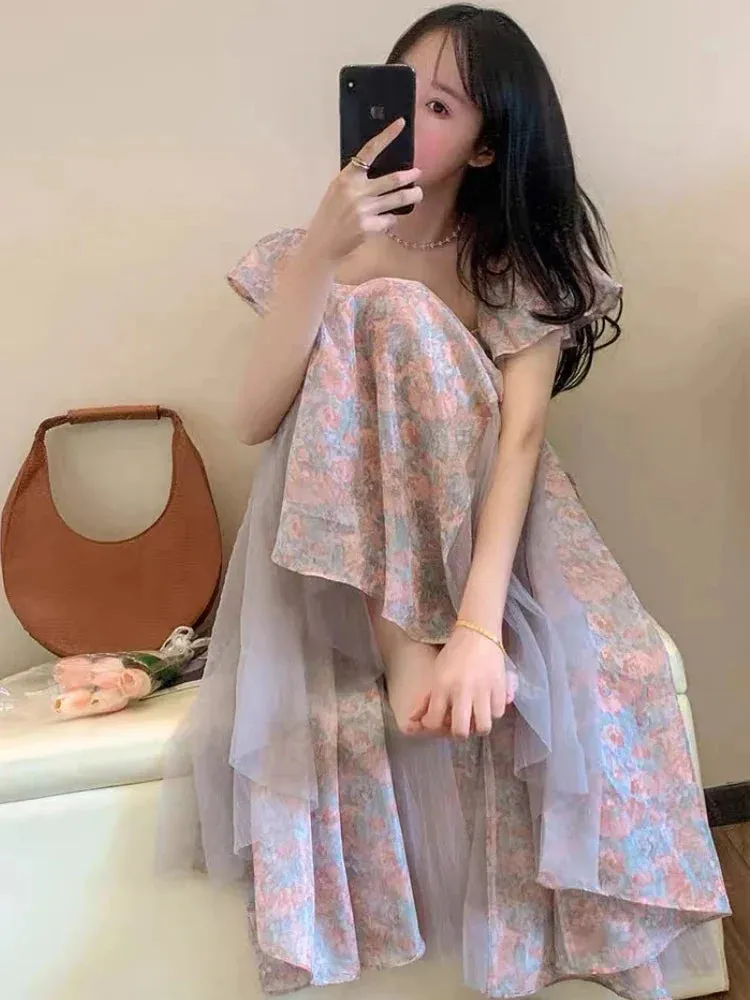 JOSKAA  Floral Dress Women Off Shoulder Vintage French Elegant Sexy Spliced Lady Summer Gentle Slim Temper Sweet Designer