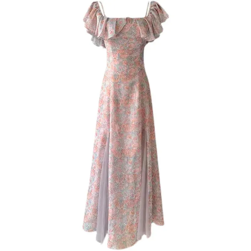 JOSKAA  Floral Dress Women Off Shoulder Vintage French Elegant Sexy Spliced Lady Summer Gentle Slim Temper Sweet Designer