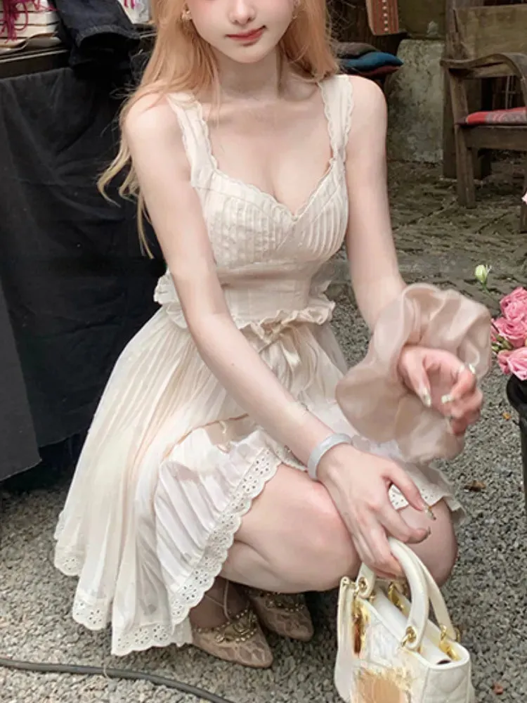 Joskaa hoco dresses 2024 Summer Pure Color Elegant Mini Dress Women Strap Lace Short Party Dress Office Lady Sleeveless One Piece Dress Korean Chic