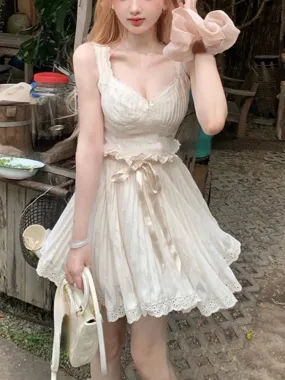 Joskaa hoco dresses 2024 Summer Pure Color Elegant Mini Dress Women Strap Lace Short Party Dress Office Lady Sleeveless One Piece Dress Korean Chic
