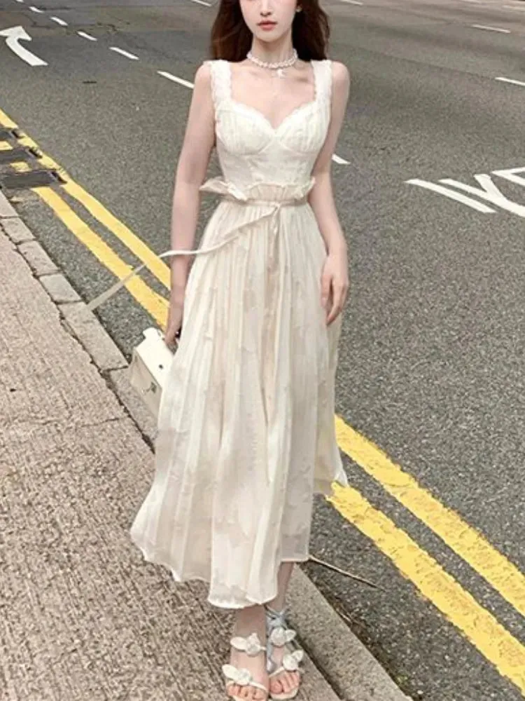 Joskaa hoco dresses 2024 Summer Pure Color Elegant Mini Dress Women Strap Lace Short Party Dress Office Lady Sleeveless One Piece Dress Korean Chic