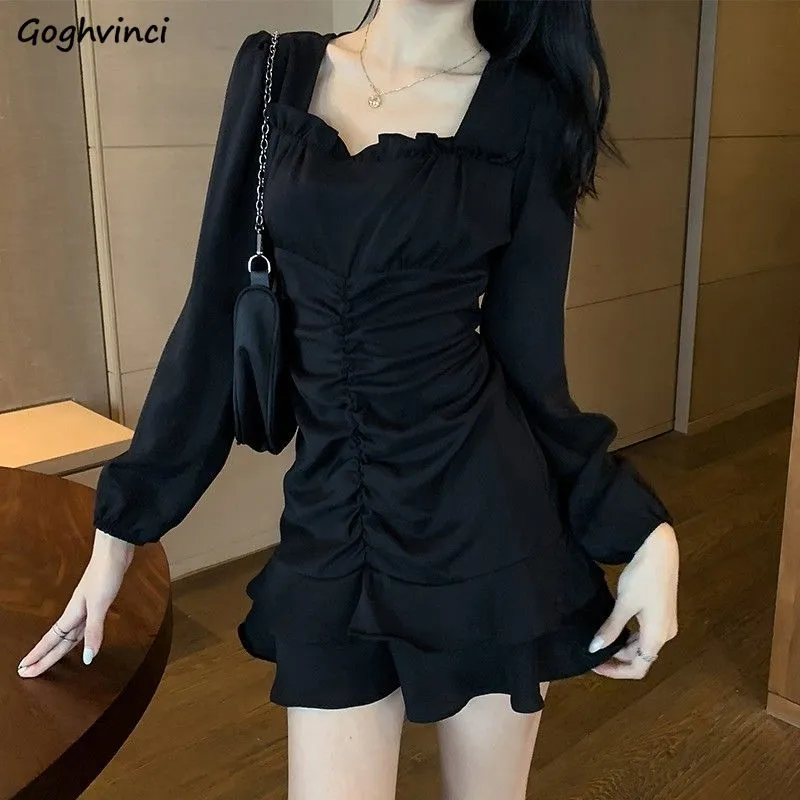 Joskaa hoco dresses Christmas Gift Long Sleeve Dress Women Pleated Ruffle Puff Sleeves Square Collar Black Retro Korean Style Slim Elegant Designed mini Shaped