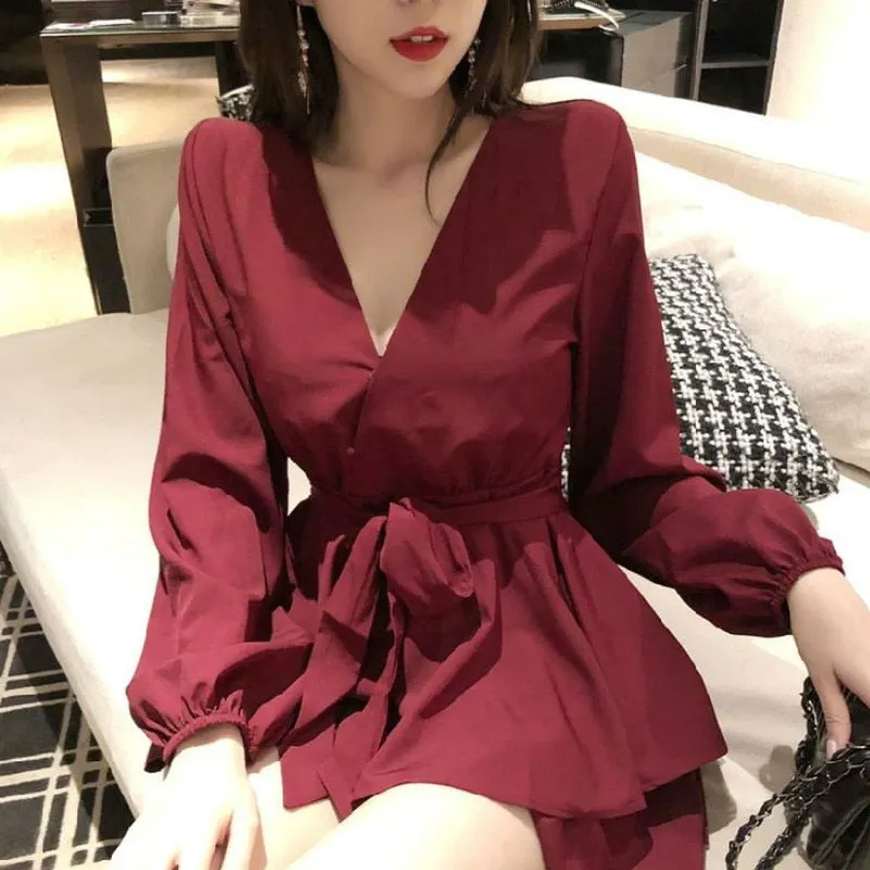 Joskaa hoco dresses Christmas Gift Long Sleeve Dress Women Sashes Pleated V-neck Solid Stylish Sexy Mini-dresses Lady Club Wear High-waist Korean-style Trendy Chic