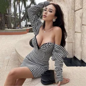 Joskaa hoco dresses Fall Chic Black & White Lattice Women's Dress Sexy Puff Long Sleeves Low Cut Off Shoulder Elasticity Slim Elegant Party Dresses