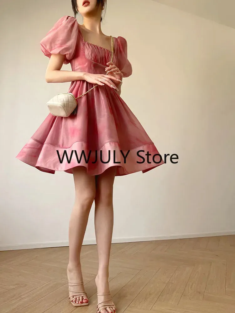 Joskaa hoco dresses Short Sleeves Elegant Dress for Women 2024 Fashion Fairy Square Collar Y2k Mini Dress Party Beach Style High Waisted Dress Chic