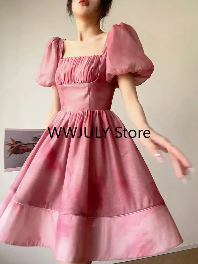 Joskaa hoco dresses Short Sleeves Elegant Dress for Women 2024 Fashion Fairy Square Collar Y2k Mini Dress Party Beach Style High Waisted Dress Chic