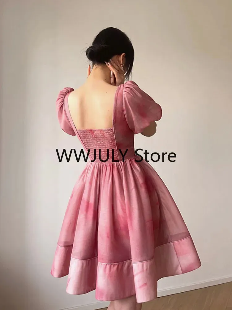 Joskaa hoco dresses Short Sleeves Elegant Dress for Women 2024 Fashion Fairy Square Collar Y2k Mini Dress Party Beach Style High Waisted Dress Chic