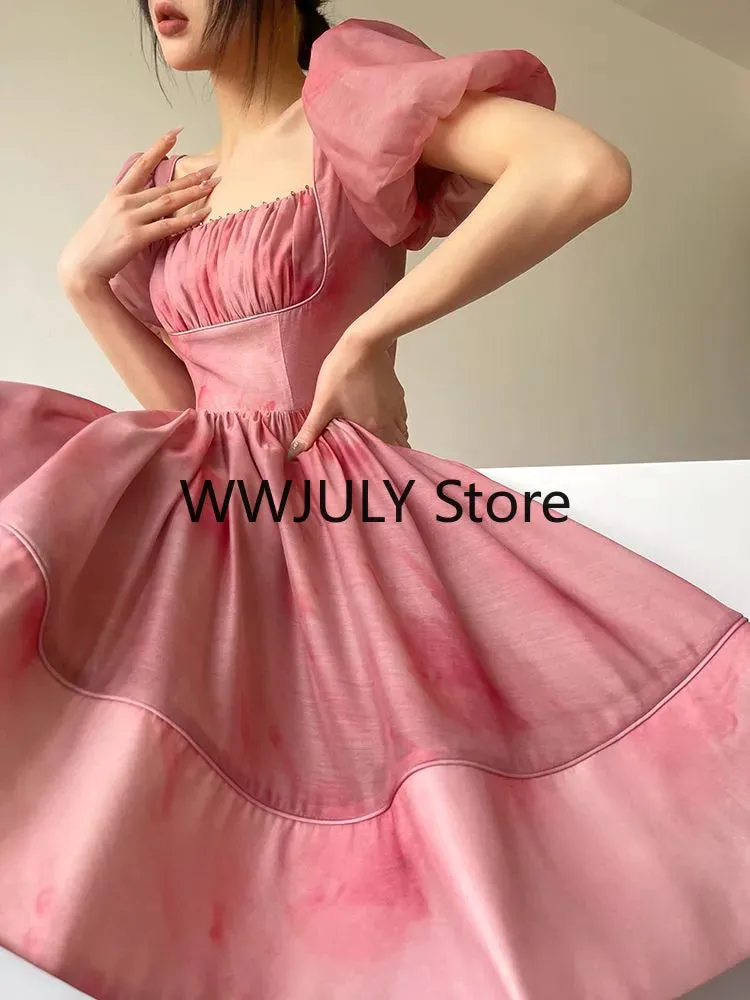 Joskaa hoco dresses Short Sleeves Elegant Dress for Women 2024 Fashion Fairy Square Collar Y2k Mini Dress Party Beach Style High Waisted Dress Chic