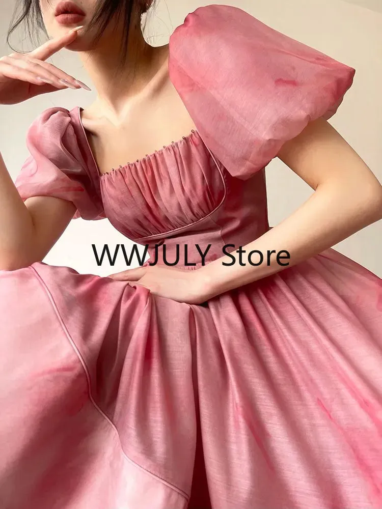 Joskaa hoco dresses Short Sleeves Elegant Dress for Women 2024 Fashion Fairy Square Collar Y2k Mini Dress Party Beach Style High Waisted Dress Chic
