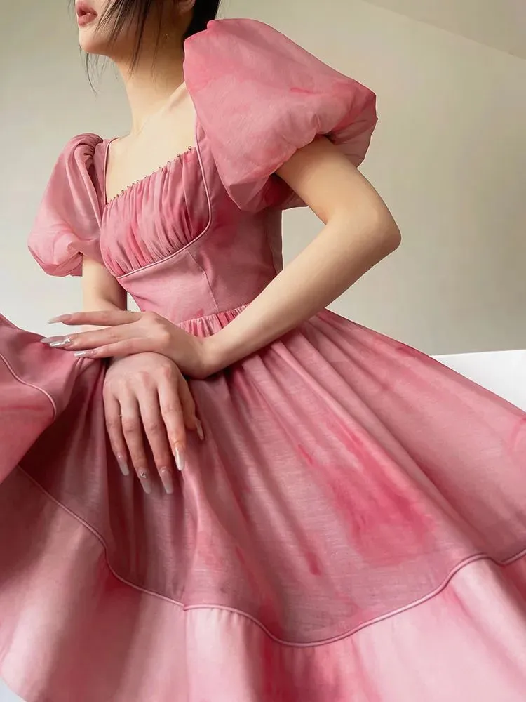 Joskaa hoco dresses Short Sleeves Elegant Dress for Women 2024 Fashion Fairy Square Collar Y2k Mini Dress Party Beach Style High Waisted Dress Chic