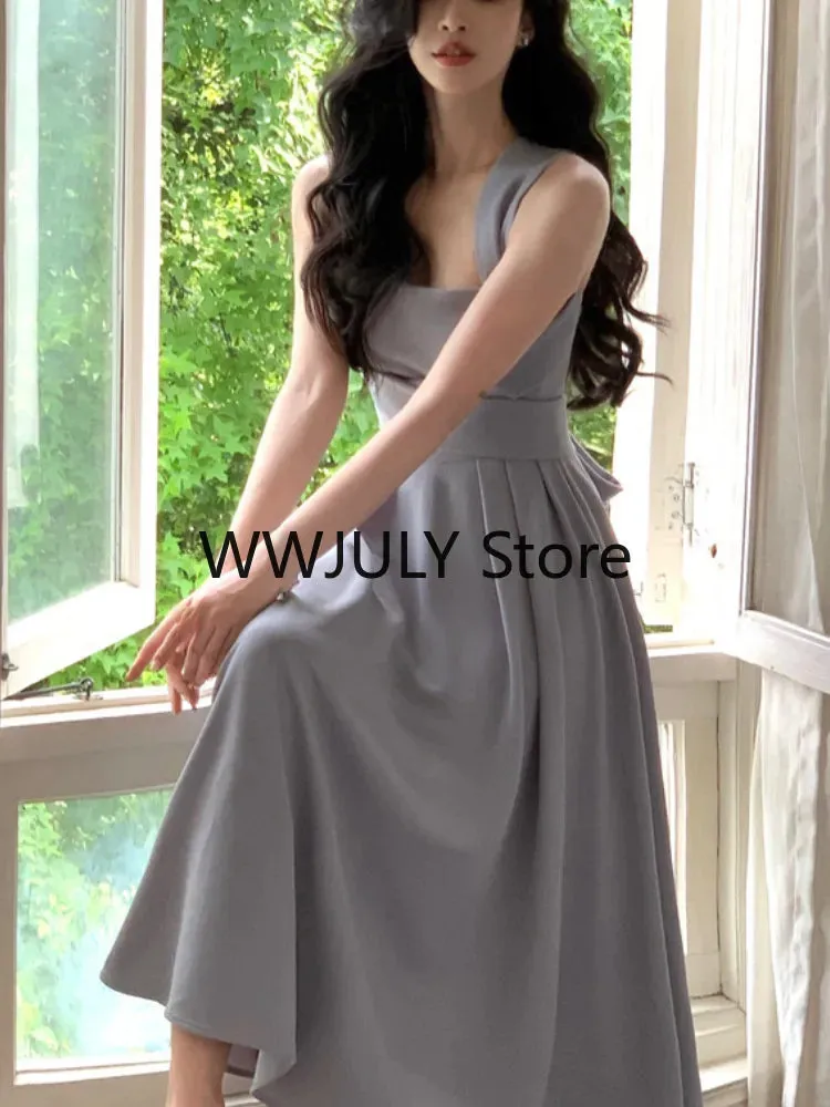 Joskaa Midi Dress Women Elegant Summer 2024 New Fashion Evening Party Ladies Slim Vintage Design Korean Dresses Female Clothes Chic