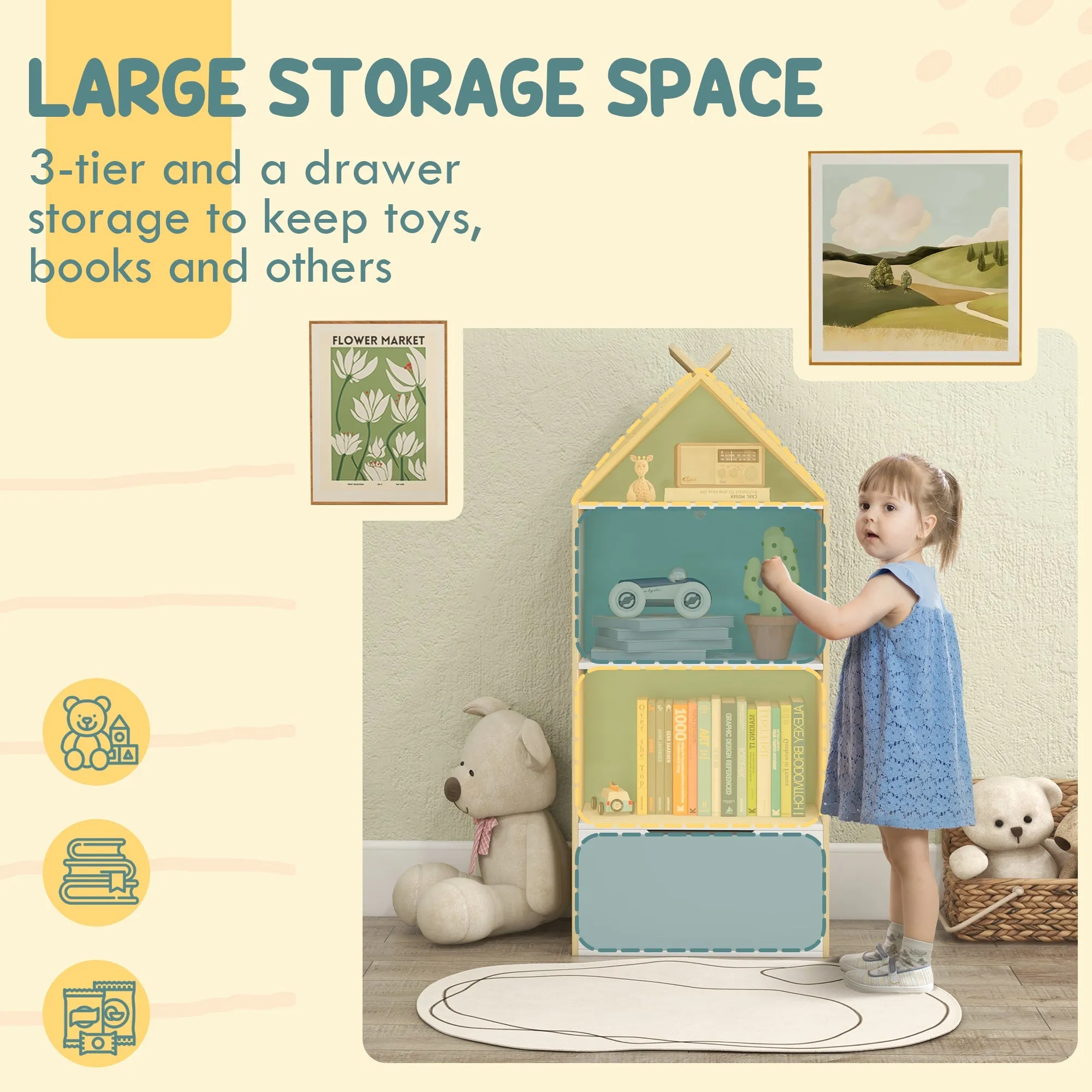 Kids Bookshelf with 3 Shelves Drawer Anti-tip Device Anti-Slip Foot Cover for Kids Room Green