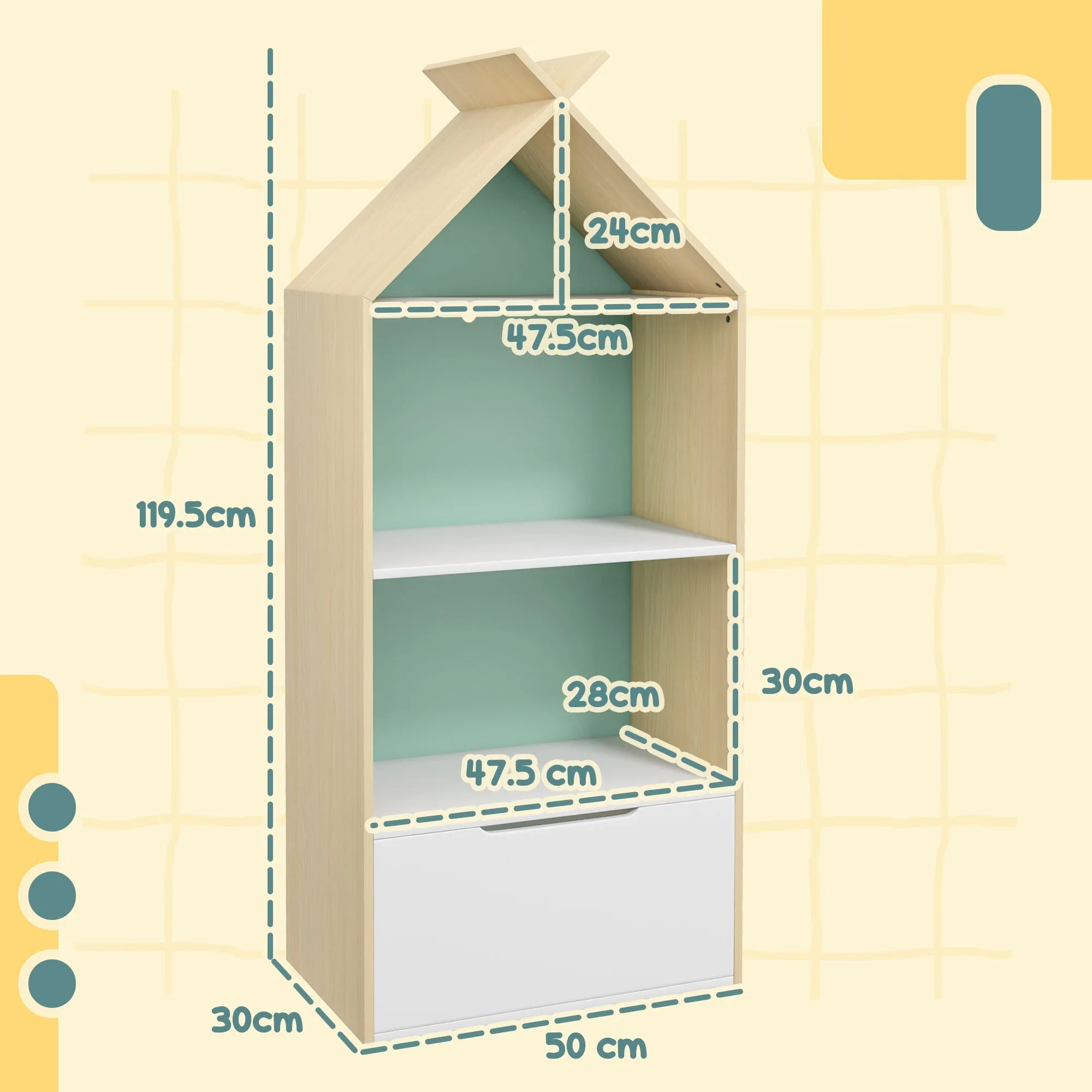Kids Bookshelf with 3 Shelves Drawer Anti-tip Device Anti-Slip Foot Cover for Kids Room Green