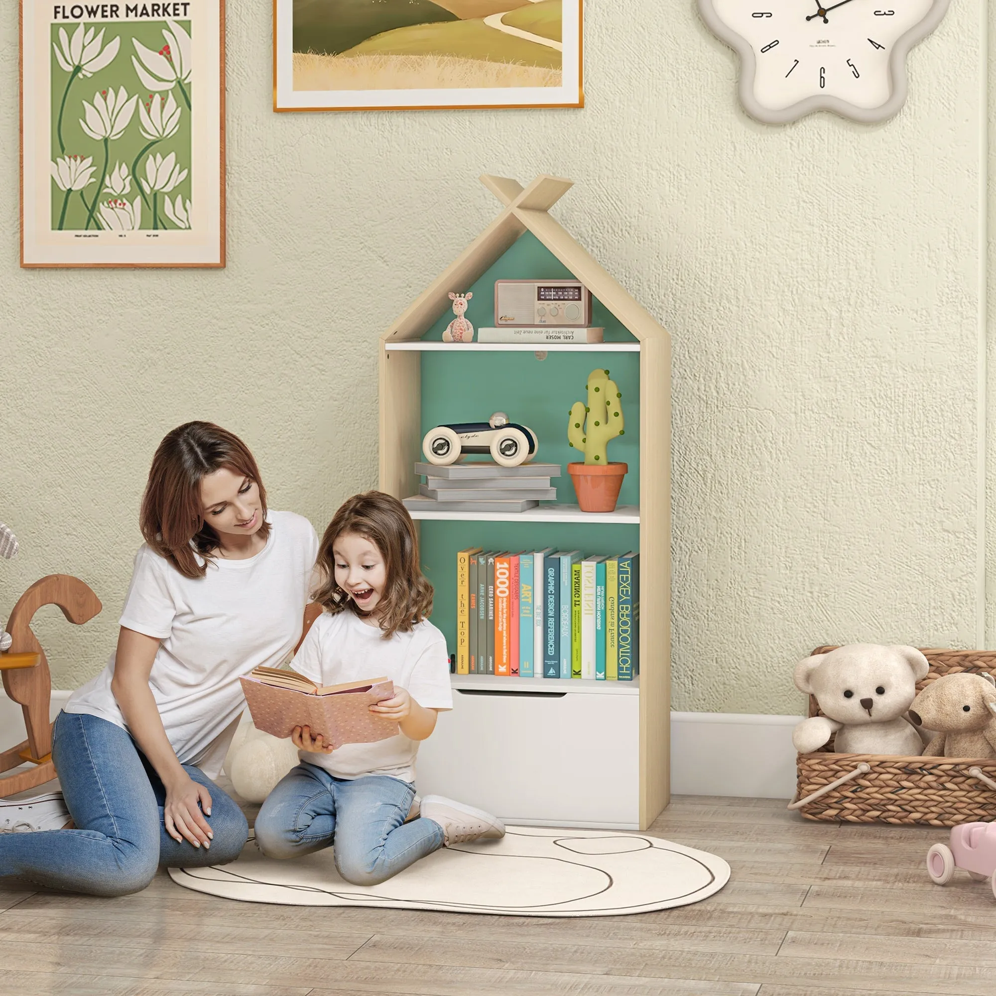 Kids Bookshelf with 3 Shelves Drawer Anti-tip Device Anti-Slip Foot Cover for Kids Room Green