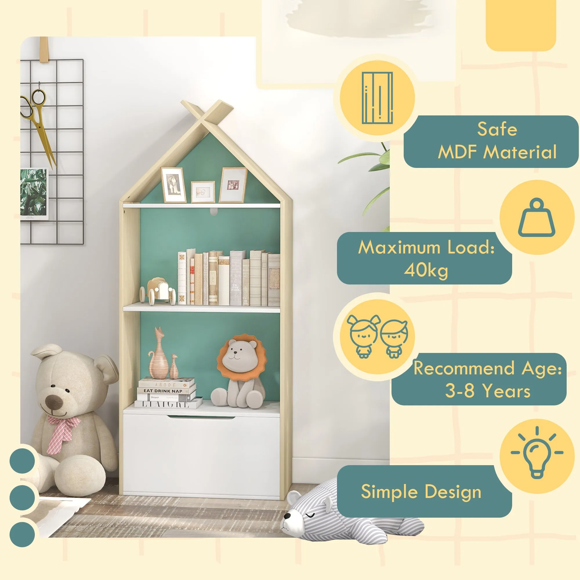 Kids Bookshelf with 3 Shelves Drawer Anti-tip Device Anti-Slip Foot Cover for Kids Room Green