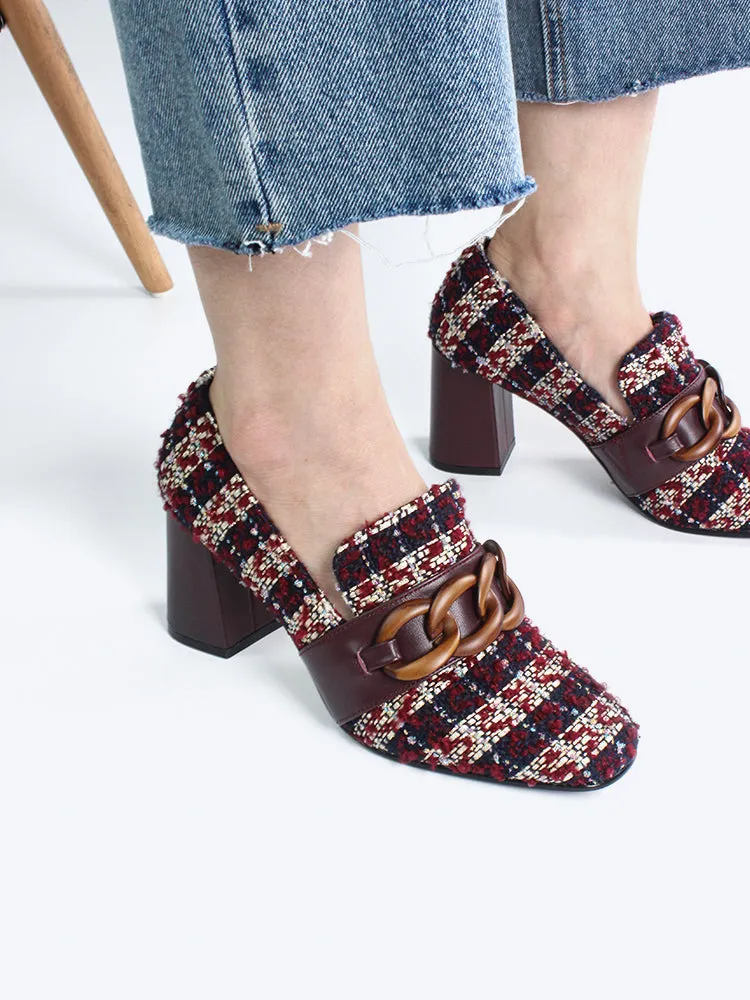 LUXE SEVEN DESIGN SQUARE TOE BLOCK HEELED SHOE WITH CHAIN DETAIL